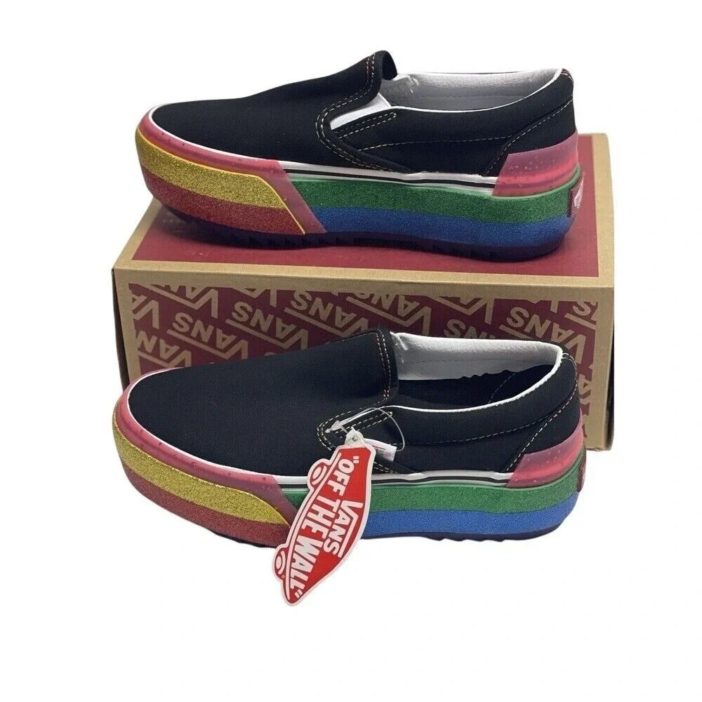 Vans Sneakers Classic Slip On Platform Black Glitter Rainbow Women 5.5 Pride New